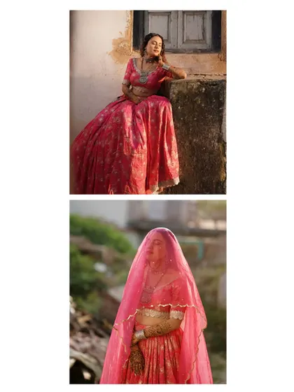 A diptych of the bride, one shot posing by a rustic wall and another with her face covered by a pink veil. These are artistic and evocative portraits.