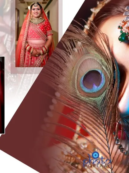 An artistic album layout combining a creative bridal portrait with smaller inset photos from the wedding day.