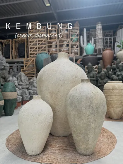 The 'Kembung' trio in a cream distressed finish. Their organic, sculptural shapes are beautiful enough to stand on their own as art.