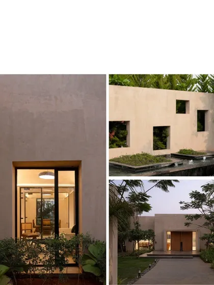 A collage showing the cohesive material experience at Earthsong. We used a consistent texture and paint finish for both interior and exterior spaces to create a monolithic, raw form that feels connected to the earth.