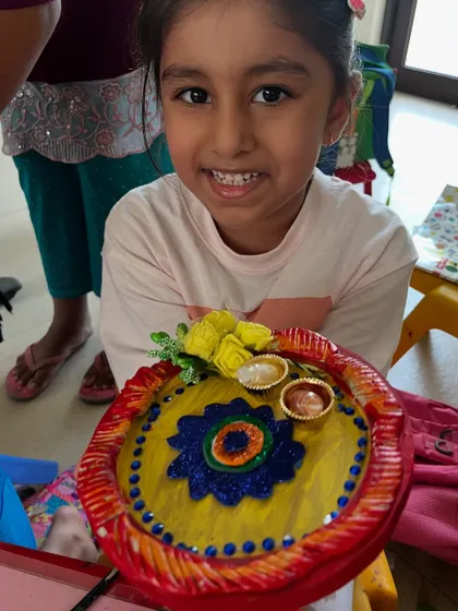 A beautifully decorated Rakhi thali, complete with handmade elements. In our Rakshabandhan workshops, kids learn to create every part of the festive platter.