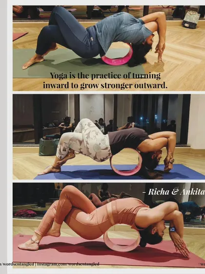 Yoga is the practice of turning inward to grow stronger outward. A collage of me and my friend exploring deep backbends on the yoga wheel, supporting each other's growth.