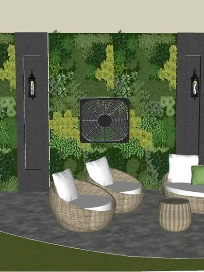 This 3D concept shows a cozy seating area on a terrace, with a green wall cleverly designed to hide outdoor AC units. This is how I blend functionality with beautiful design.
