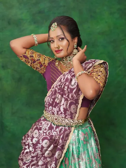 A playful pose from the same photoshoot, showing the versatility of the look.