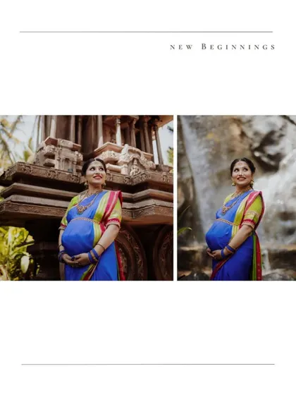 A diptych showing the mother-to-be in a beautiful blue saree against our temple and waterfall backdrops.