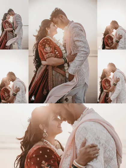 A collage of sun-drenched, romantic moments between the bride and groom on their wedding day at the beach.
