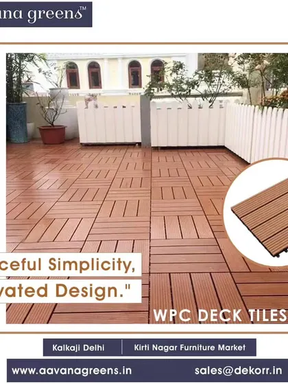 Graceful simplicity, elevated design. These WPC deck tiles have a natural wood look that brings warmth and style to this rooftop terrace, creating a simple yet elegant outdoor floor.