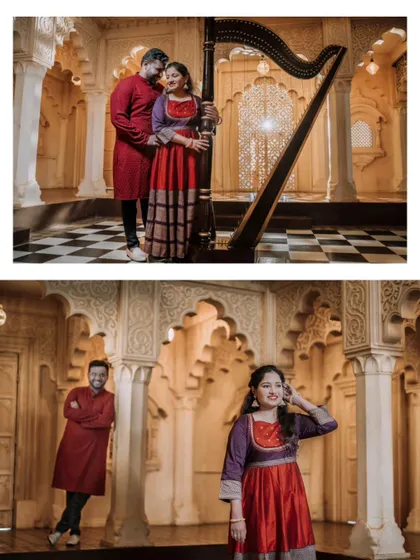 A collage featuring a couple posing with a harp and dancing in a grand, royal-themed indoor location.