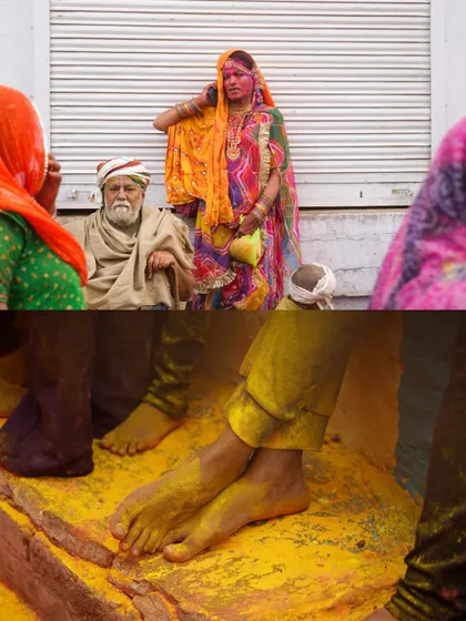 A comprehensive photo series from Lathmaar Holi in Barsana. These images document the unique tradition where women playfully hit men with sticks, recreating a legend of Lord Krishna and Radha. The photos are filled with motion, color, and raw emotion.