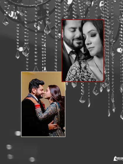 A creative collage of Nikhil and Khushbu's reception photos, framed by hanging crystals.