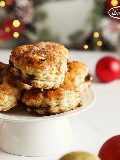 A stack of our Rum Soaked Fruit Mince Pies. These small, buttery pastries are filled with a rich mixture of dried fruits and spices, a true taste of a traditional Christmas.