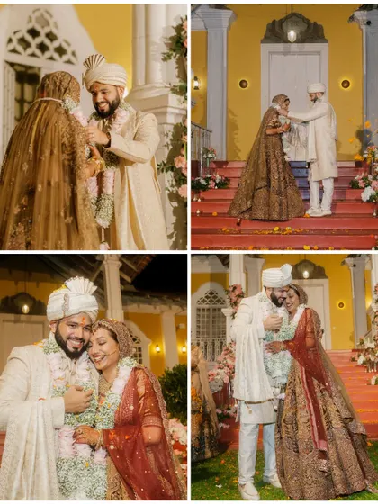 A collage of happy moments from a Goa wedding ceremony, including the varmala exchange and candid embraces.