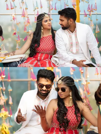 A diptych showing the couple's fun side, first sharing a look and then striking a cool pose with sunglasses.