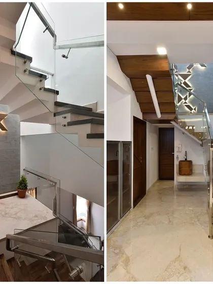 A collage showcasing two unique staircase designs, one with a backlit geometric wall feature and another with floating wooden steps, turning a functional element into art.