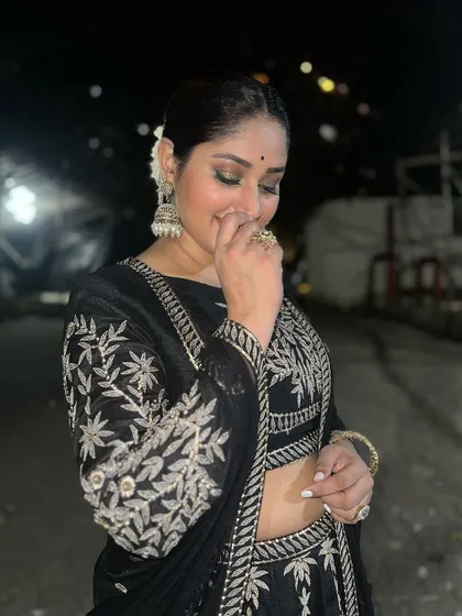 A playful and happy moment with Donam Bajwa in her rented Dhanteras lehenga. She looks comfortable and stylish.