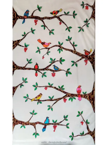 The full design for the terrace window glass painting, laid out before installation. You can see the complete composition of birds perched on winding branches.