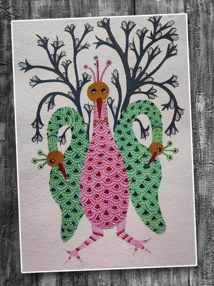 Another imaginative Gond painting of a three-headed bird. We teach students how to create the intricate patterns that give Gond art its unique texture and dynamism.