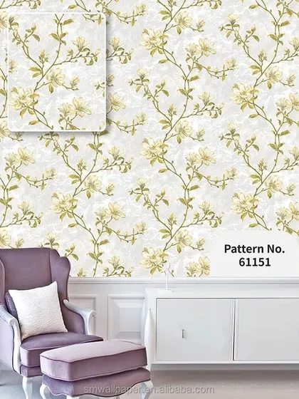 A room mockup with a light-colored wallpaper featuring a delicate pattern of yellow flowering vines.