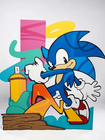 A clean studio shot of the completed Sonic 3D wood art. You can really see how the different layers and bright colors work together to create a sense of motion.