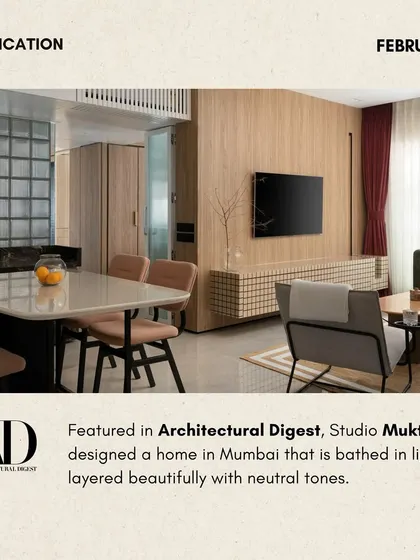 We are proud to have our work featured in Architectural Digest. This Mumbai home, designed by Studio Muktinidhi, features our custom dining chairs, table, and TV console, all crafted to fit the light-filled, neutral space.