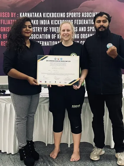 Our coach Katie receiving her WAKO Karnataka state kickboxing coaching license. We are committed to the highest standards of coaching.