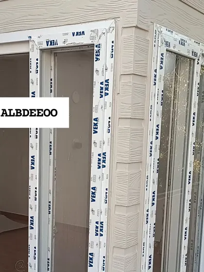 A series of detailed shots of a terrace prefab house's exterior. These images focus on the wood-textured cement plank elevation, modern ceiling lights, and high-quality VEKA window frames.