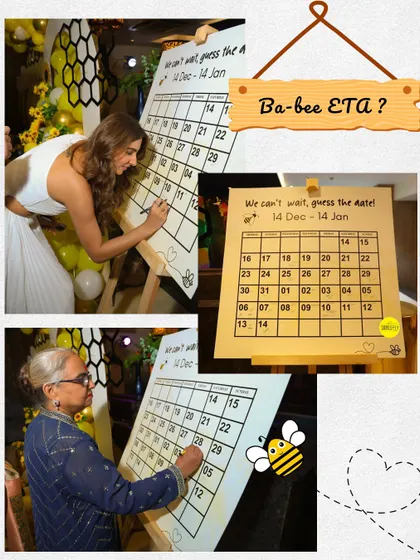 "Ba-bee ETA?" This "guess the date" calendar was a super fun and interactive game for the guests at our bee-themed baby shower.