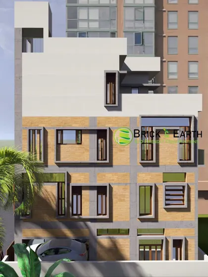 Here is another architectural design approach for a multi-story residence. The focus here was on creating a unique facade with geometric window placements and a mix of plaster and brick finishes.