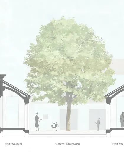 A section drawing showing the central courtyard of the Bodhgaya hotel, a key element for natural ventilation and creating a communal heart for the project.