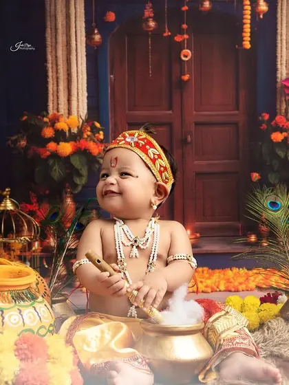 Looking up with a sweet smile, this baby captures the innocent and divine spirit of Lord Krishna.