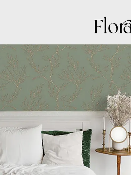 This floral wallpaper is perfect for a bedroom, featuring elegant golden branches on a calming sage green background. It adds a touch of nature and luxury, creating a peaceful and sophisticated sanctuary.