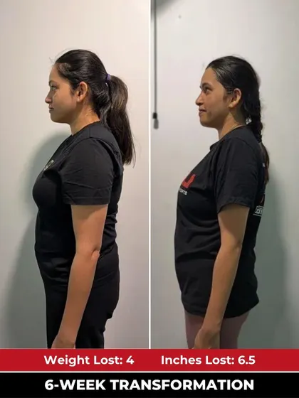 The side profile of Nimisha's progress highlights the physical changes that accompanied her journey from struggling with inchworms to performing 40kg Jefferson curls.