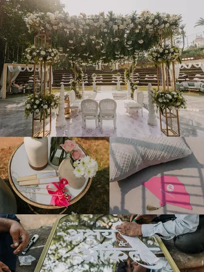A collage of the beautiful wedding decor, including the mandap, floral arrangements, and personalized welcome signs for this outdoor Maharashtrian wedding.