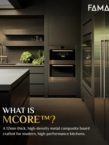 What is M-Core™? It is a 12mm thick, high-density metal composite board that I crafted for modern, high-performance kitchens. This image shows a sleek, dark kitchen where every surface is built with this innovative material.