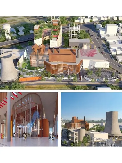 A collage of renderings for the Patna Power Museum, showcasing the project's exterior, interior, and overall site plan. This adaptive reuse project transforms an industrial site into a dynamic cultural campus with exhibition spaces, an auditorium, and educational rooms.