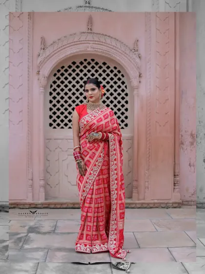 A full-length shot framed to look like a painting. The composition uses the architectural archway to create a classic, artistic portrait.
