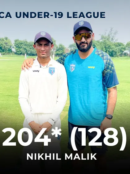 Nikhil Malik's explosive batting in the DDCA Under-19 League, scoring an unbeaten 204 runs. A true match-winner.
