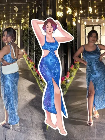 A glamorous night out during my bachelorette, captured in a side-by-side photo and digital illustration. The artwork highlights the cut and pattern of the dress, turning a photo into a fashion sketch.