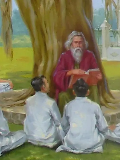 This section of the painting depicts Rabindranath Tagore teaching his students in the open air at Shantiniketan.