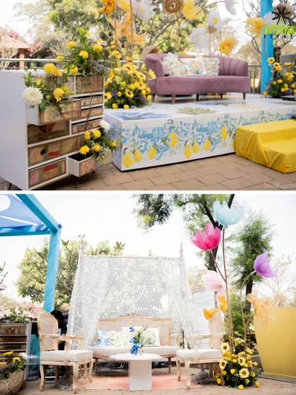 A collage of our Mediterranean-themed Haldi decor. Featuring a rustic drawer chest filled with flowers and a beautiful seating area with intricate white detailing, perfect for a sunny day.