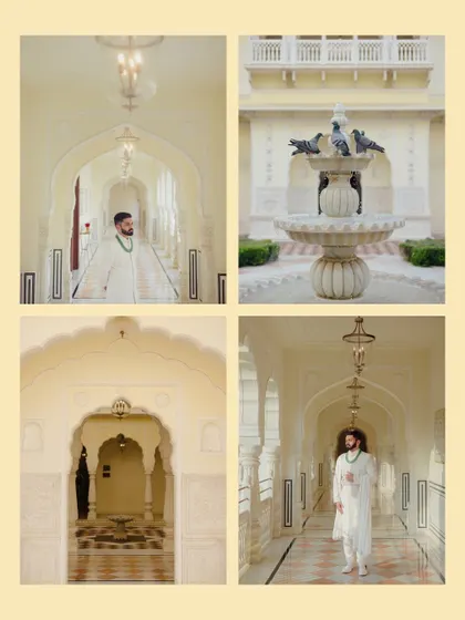 A collage of the groom's portraits in a palace, showcasing the stunning architecture, from long corridors to ornate fountains.