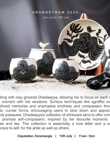 Dhedeepya found solace and fulfillment in clay during challenging times. Her Arangetram collection of drinkware is a love letter to self, inspired by her favorite moments with coffee and tea and using sgraffito techniques to evoke kindness and self-compassion.