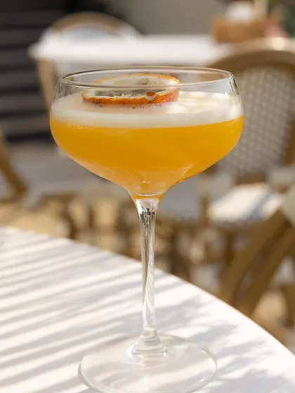 A classic orange cocktail in an elegant coupe glass, shot in the soft, golden hour light. The out-of-focus cafe background creates a beautiful, relaxed European summer vibe.
