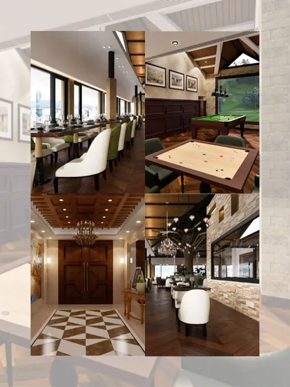 A collage of interior renderings for the Welcomhotel by ITC in Narkanda. It shows the planned dining area, a recreation room with a pool table, the grand entrance, and a lounge, all designed with a rustic yet luxurious feel.