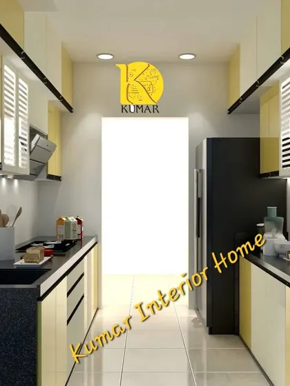 A parallel kitchen layout with yellow and white cabinets. This design is perfect for long, narrow kitchen spaces, providing ample counter area on both sides.