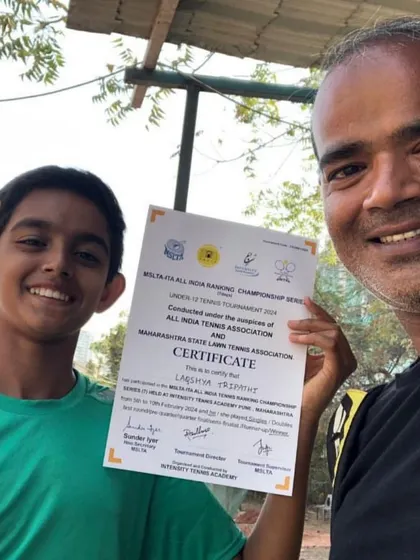 Celebrating our junior champions. Our student Laqshya Tripathi proudly holding his certificate and trophy after winning the AITA Under 12 tournament in Pune.