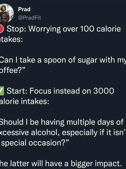 Stop worrying about a 100-calorie spoonful of sugar in your coffee. Start focusing on the 3000-calorie weekend benders. Prioritizing the big wins over minor details is key to successful fat loss.