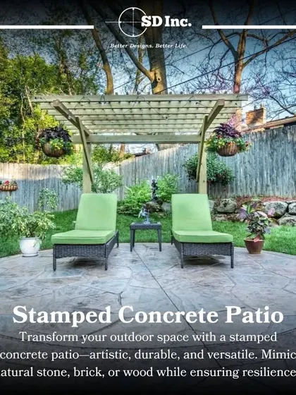 A stamped concrete patio offers durability and artistic versatility. Here, it mimics the look of natural stone, providing a high-end finish that is also practical for outdoor use.