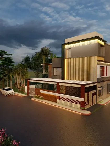 A wide shot showing the bungalow in its neighborhood context, designed to be a standout piece of modern architecture.
