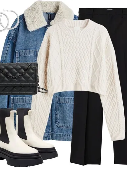 A shearling-lined denim jacket is a fantastic winter staple. I've styled it here with a simple knit, black trousers, and contrasting white boots for a cool, contemporary weekend look.